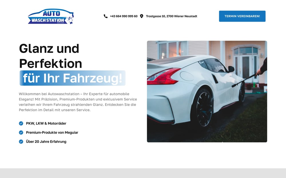 Startseite der Website der Autowaschstation Wiener Neustadt