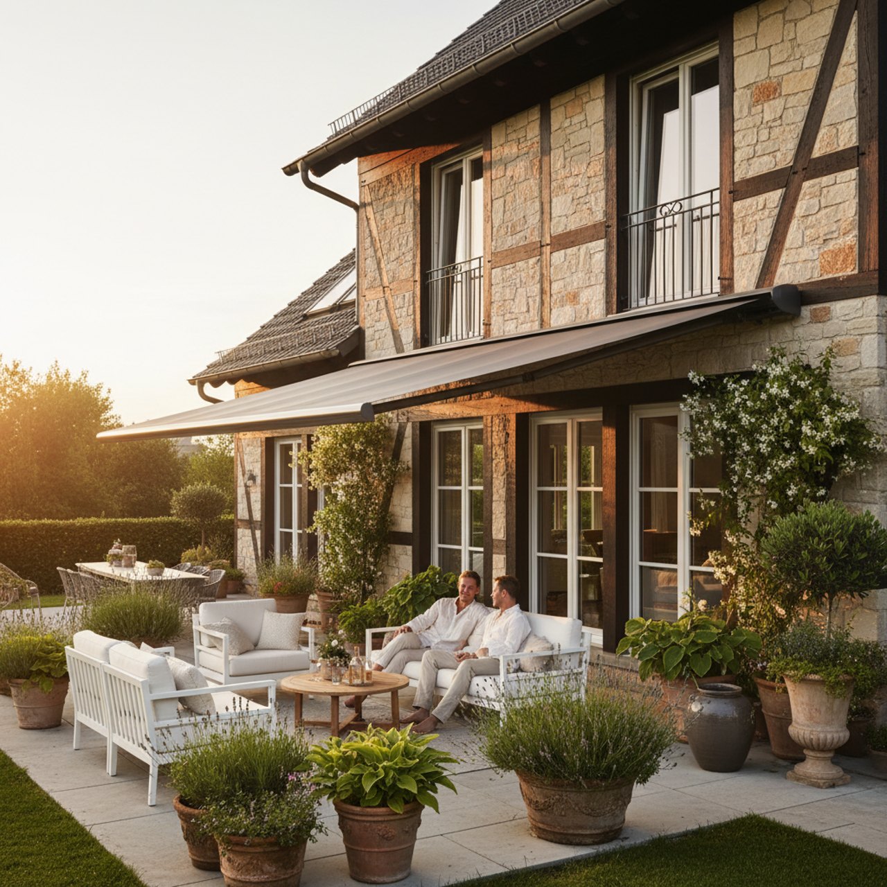 Markise über Terrasse am Abend
