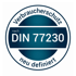 Kreisförmiges Siegel: "Verbraucherschutz nach DIN 77230 neu definiert".