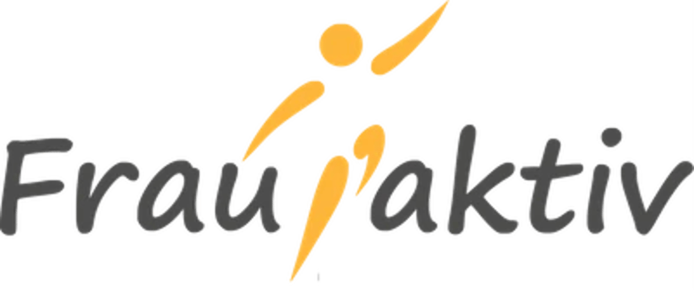 Logo mit Text "Frau aktiv" in Grau und Gold, mit einer stilisierten, goldenen Figur, die über dem Wort schwebt.