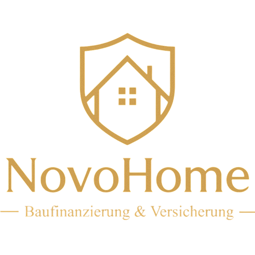 Goldenes NovoHome Logo auf Schwarz: Schild mit Haus, darunter "NovoHome Baufinanzierung & Versicherung".