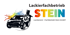 Logo des Lackierfachbetriebs Stein GmbH mit bunter Farbexplosion und stilisiertem Auto.