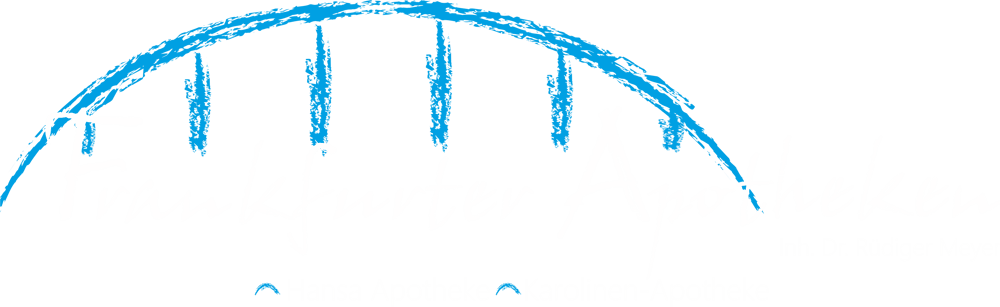 Logo: "Frankfurter Apotheken", "Inh. Dr. Rüdiger Meyer", "Hansa Apotheke", "Karolinen-Apotheke" unter blauem Bogen.