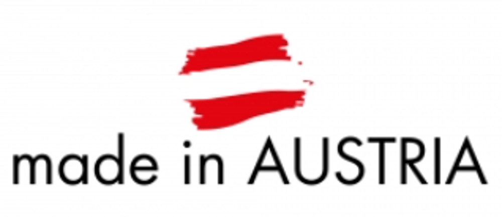 „made in AUSTRIA“ mit einer gestrichelten österreichischen Flagge darüber.