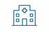 Blaues Linien-Icon eines Krankenhausgebäudes mit einem medizinischen Kreuz an der Fassade auf weißem Hintergrund.