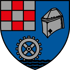Wappen mit rotem und grauem Schachbrettmuster, silbernem Helm und Zahnrad auf blauem Schild, darunter Wellenlinie.