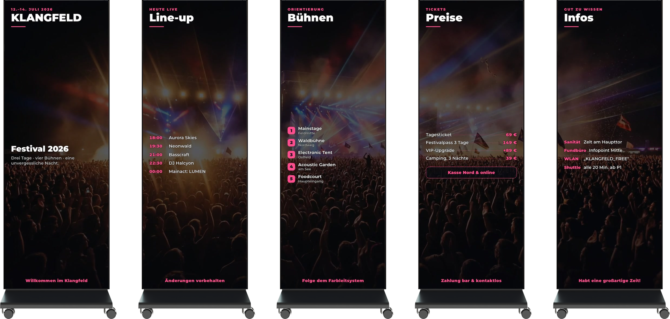 Fünf LED-Poster mit durchgehendem Konzert-Festival-Content: Line-up, Bühnen, Preise und Infos vor Festival-Panorama