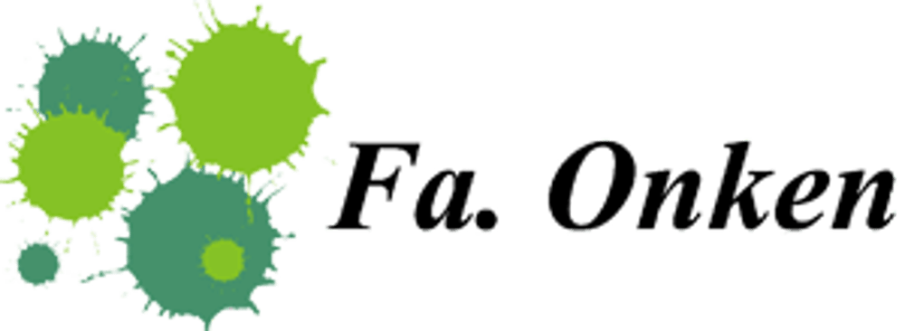Grüne und türkisfarbene Farbspritzer neben dem schwarzen Text "Fa. Onken" auf dunkelgrünem Hintergrund.
