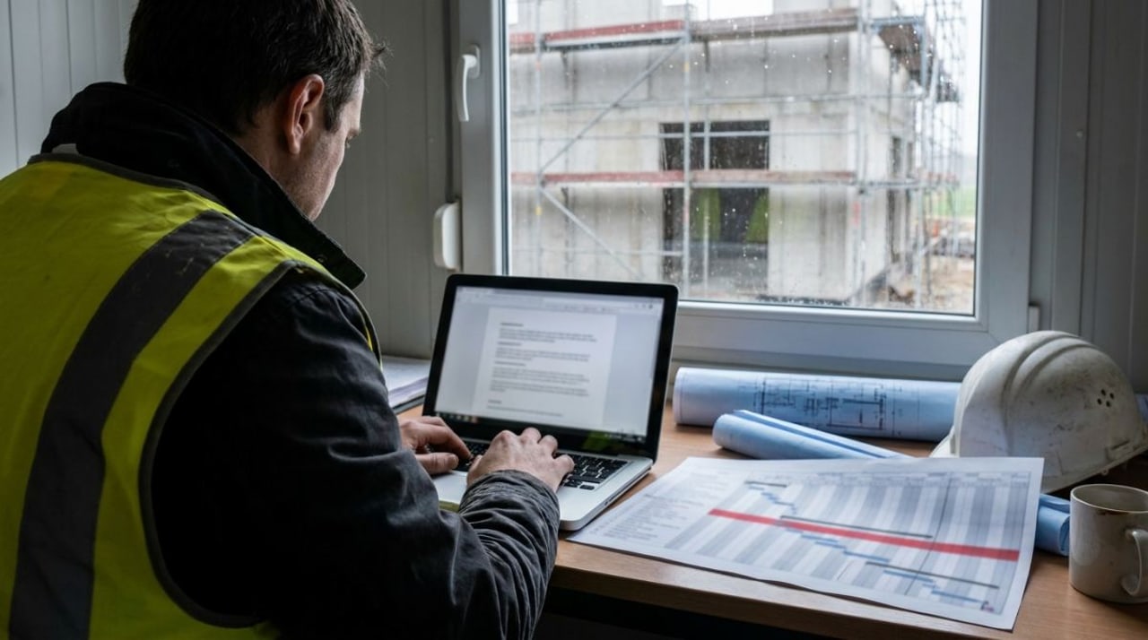 Bauleiter im Baucontainer schreibt eine Behinderungsanzeige am Laptop, daneben ein Bauzeitenplan mit rot markiertem Verzug, draußen ein Rohbau mit unvollständigem Gerüst