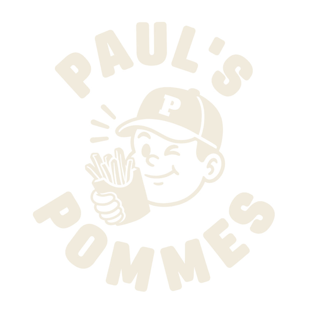 Logo von Paul's Pommes mit zwinkerndem Jungen, der eine Tüte Pommes hält, auf schwarzem Hintergrund.