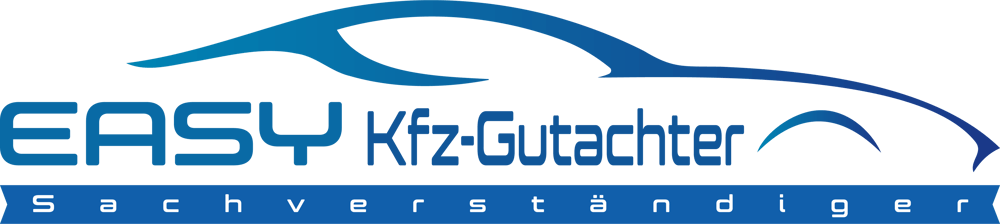 Blaues Logo "EASY Kfz-Gutachter Sachverständiger" mit stilisiertem Autoumriss.