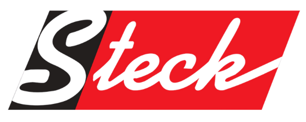 Logo mit dem Wort „Steck“ in Weiß auf Schwarz und Rot, darunter „Abbruchgeräte“ in Grau.