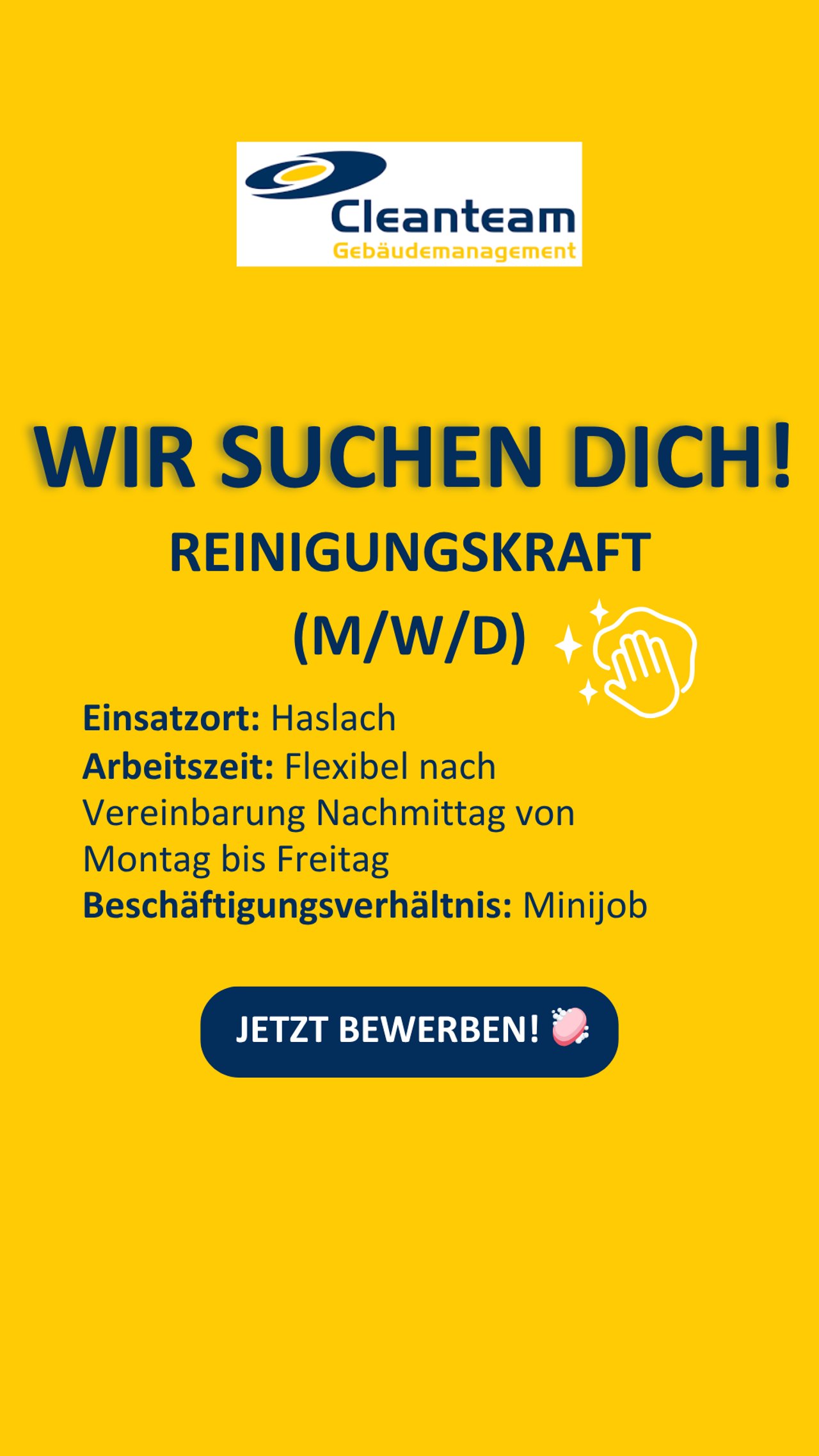 Recruiting-Anzeige CTG Cleanteam: „Wir suchen dich!“ Reinigungskraft (m/w/d) in Haslach, Minijob
