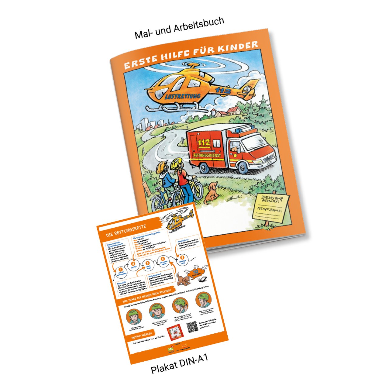 Mal- und Arbeitsbuch „Erste Hilfe für Kinder“ mit Rettungshubschrauber und Krankenwagen, daneben ein Plakat im Format DIN A1