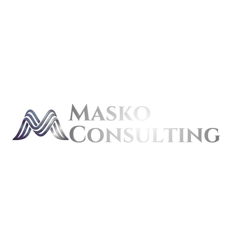Masko Consulting Logo: blausilber "M" in  daneben "Consulting" und "Wir stärken den Mittelstand".