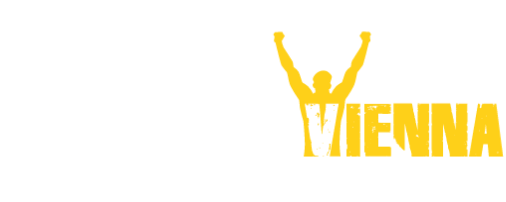 CrossFit Vienna Logo mit gelber Silhouette eines Sportlers mit erhobenen Armen auf schwarzem Hintergrund.
