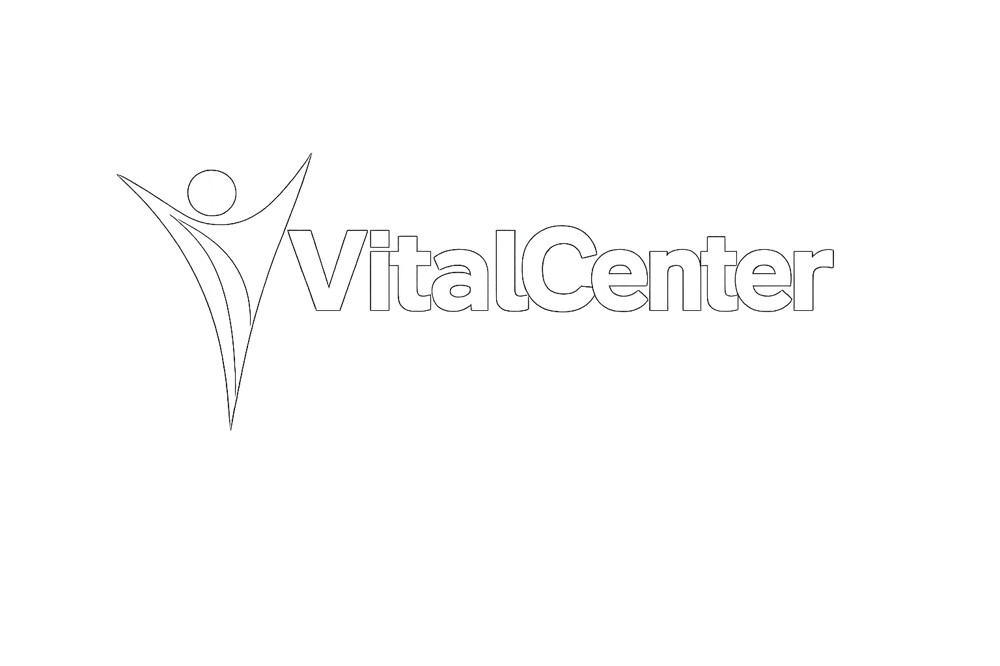 Weißes VitalCenter Logo mit einer stilisierten, abstrakten menschlichen Figur auf schwarzem Hintergrund.
