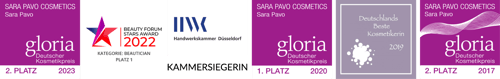 Auszeichnungen von Sara Pavo: GLORIA Deutscher Kosmetikpreis 2023, BEAUTY FORUM Stars Award 2022, Kammersiegerin der Handwerkskammer Düsseldorf, GLORIA 2020, Deutschlands beste Kosmetikerin 2019 und GLORIA 2017.
