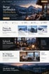 Website-Layout des Alpenblick Ski Resorts mit Panoramablick auf verschneite Berge, Restaurant, Hotelzimmer und Skifahrern.