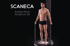 Mann in Unterhose steht auf einer schwarzen runden Plattform vor einem 3D-Körperscanner. Text: SCANCA, Analyse Ihres Körpers in 3D.
