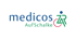 Logo von "medicos AufSchalke" mit blauer Schrift, grünem "AufSchalke" und einem stilisierten Rollstuhlfahrer-Symbol.