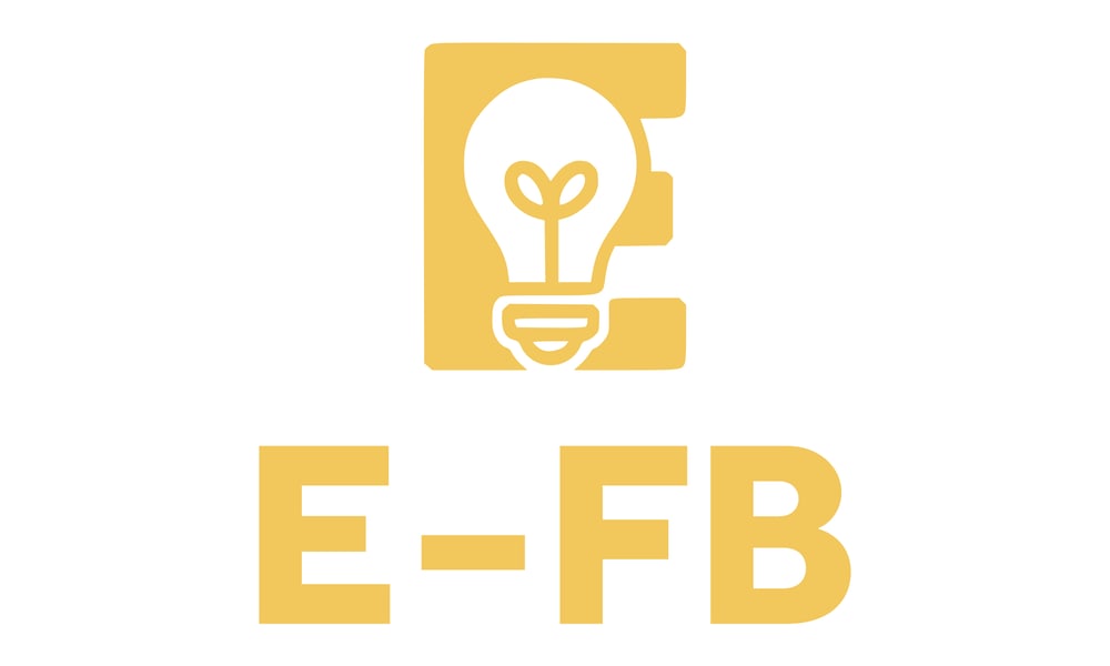 Gelbes E-Logo mit Glühbirne und Text "E-FB" auf weißem Hintergrund.