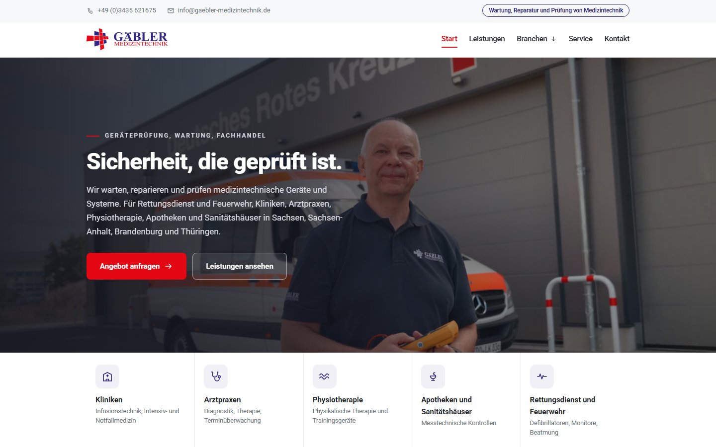 Die Startseite von Gäbler Medizintechnik mit Video im Kopfbereich