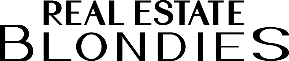 The text "REAL ESTATE BLONDIES" in black font on a dark green background.