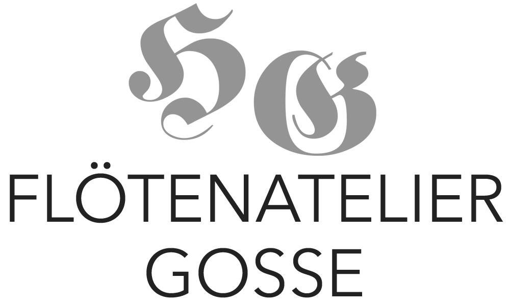 Monogramm "FG" über dem Text "FLÖTENATELIER GOSSE".