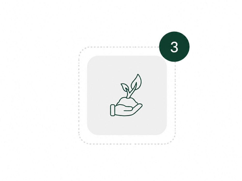 Liniengrafik einer Hand, die eine Pflanze in Erde hält, markiert mit der Ziffer 3 in einem dunkelgrünen Kreis.