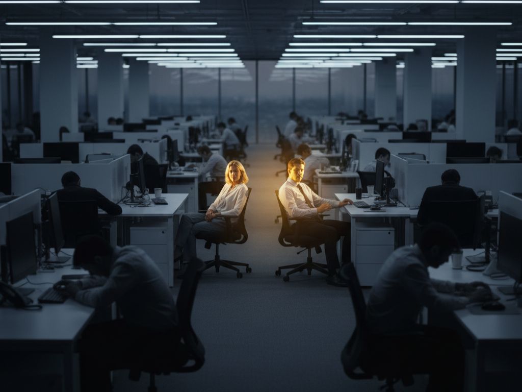 In einem dunklen Büro sitzen viele Mitarbeitende an Schreibtischen, zwei Personen in der Mitte sind durch Licht hervorgehoben.