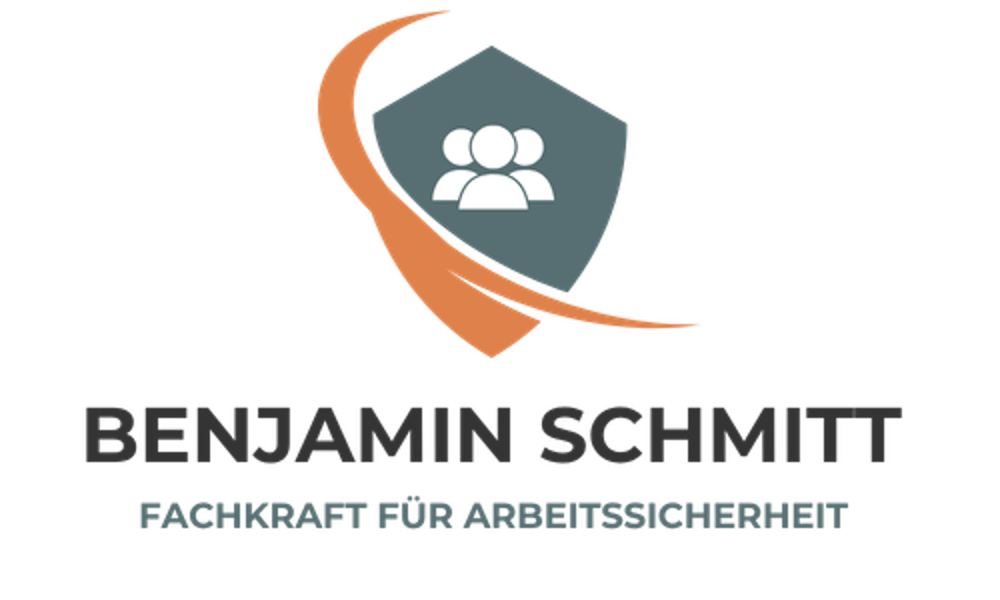 Logo von Benjamin Schmitt, Fachkraft für Arbeitssicherheit, mit Schild-Symbol und drei Personen-Icons.