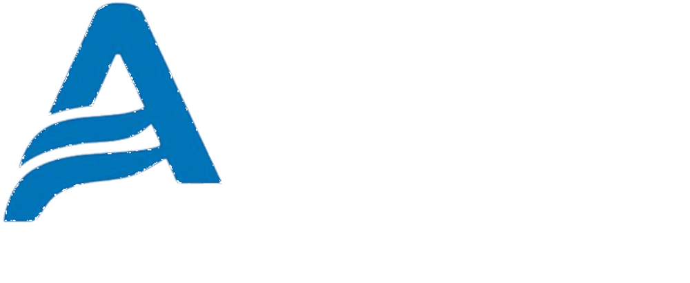 AATek Air Solution Logo: Ein blaues A mit Wellenlinien und dem weißen Text "ATek AIR SOLUTION" mit einem Hexagon.