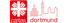 Logo von Caritas Dortmund mit rotem Kreuz, wellenförmigen Linien und der Skyline von Dortmund.