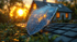 Schildförmiges Solarpanel auf einem Dach mit Haus und Sonnenuntergang im Hintergrund.