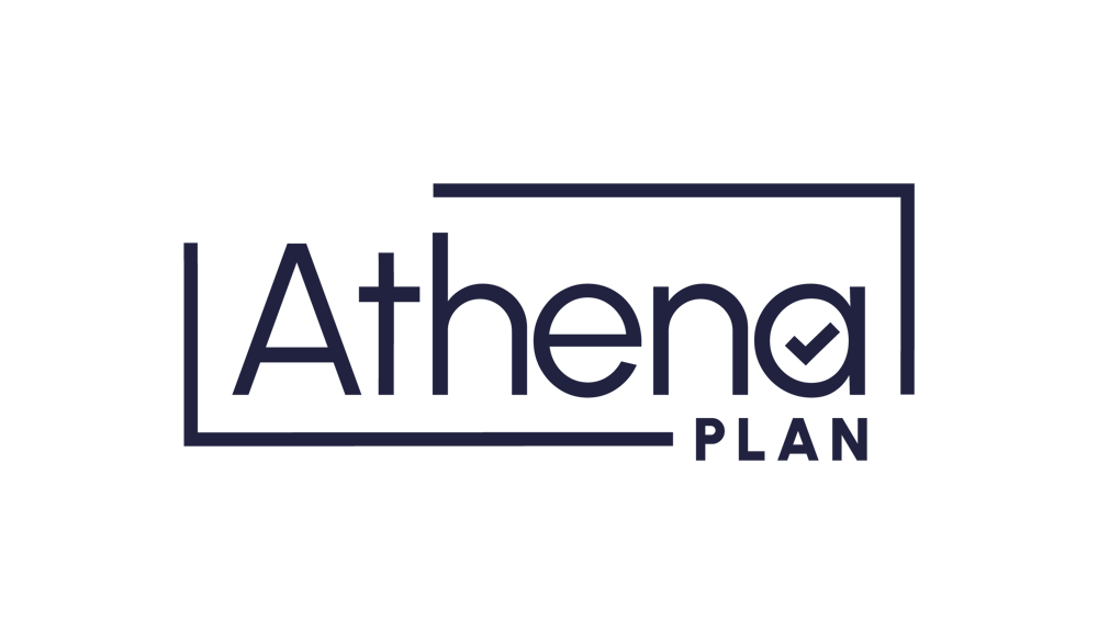 Athena Plan Logo: „Athena“ in blauen Großbuchstaben mit Häkchen, darunter „PLAN“ in einem Rahmen.