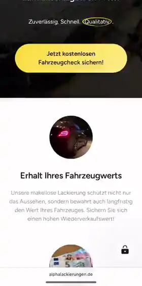 Bildschirmaufnahme der Webseite von Alpha Lackierungen auf dem Handy