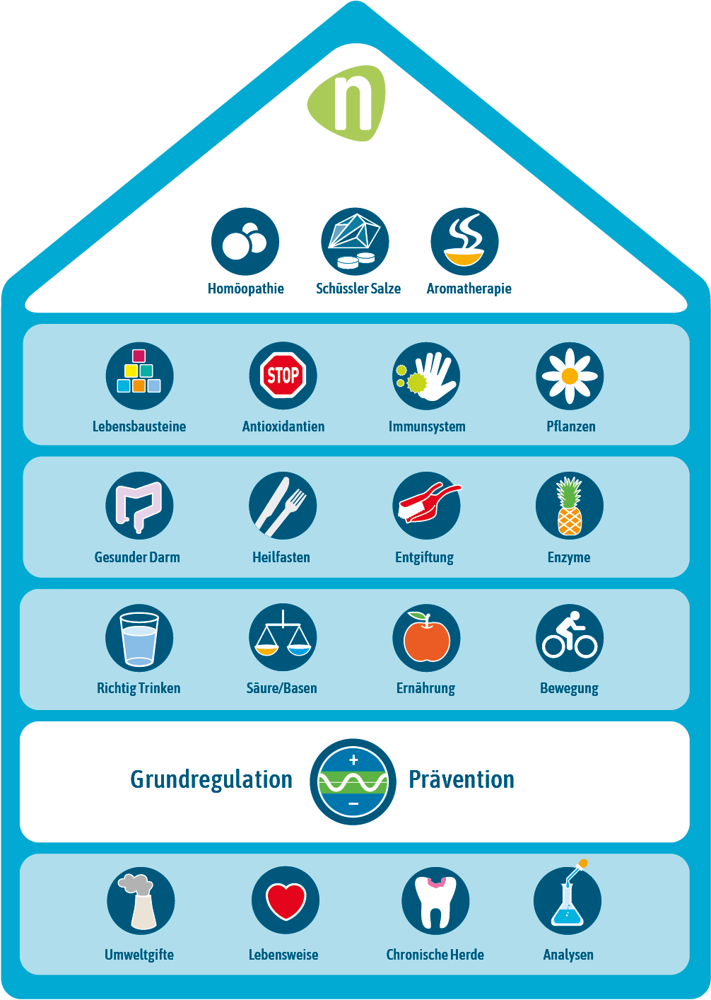 Grafik Regulationshaus mit Fundament, mittleren Ebenen und Spitze zur ganzheitlichen Gesundheit
