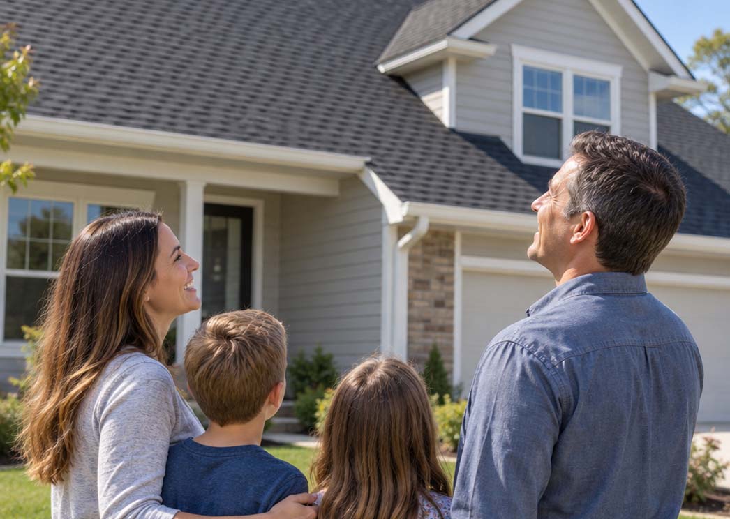 Two-story family home with a shingle roof and attached garage