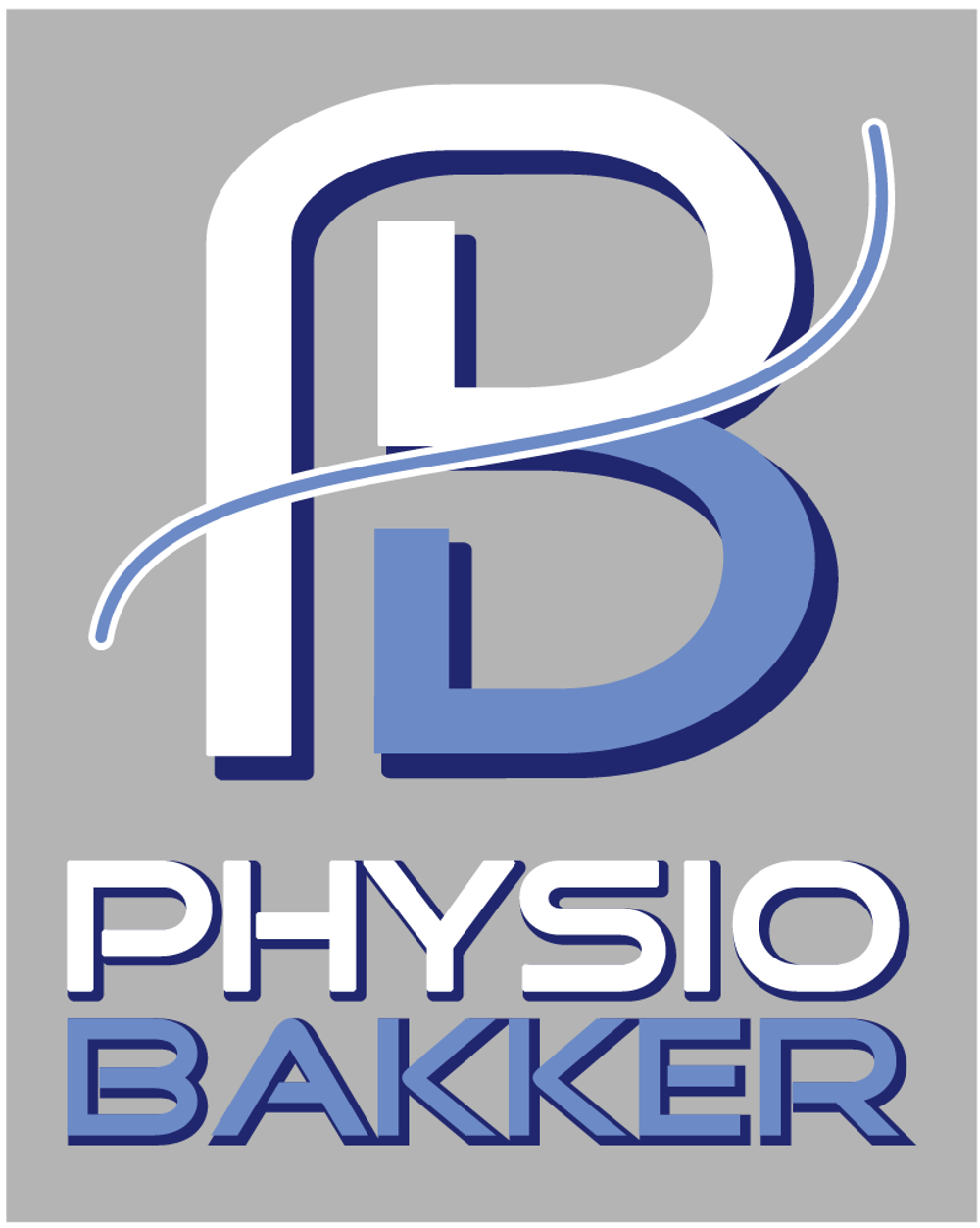 Logo mit weißem "P" und blauem "B", verbunden durch eine blaue Linie, darunter "PHYSIO BAKKER".