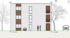 Architekturzeichnung einer Fassade eines dreistöckigen Mehrfamilienhauses mit Holzpaneelen, Fenstern und Höhenangaben.