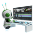 Ein weiß-grüner Roboter bedient eine Videobearbeitungssoftware auf einem großen Monitor.