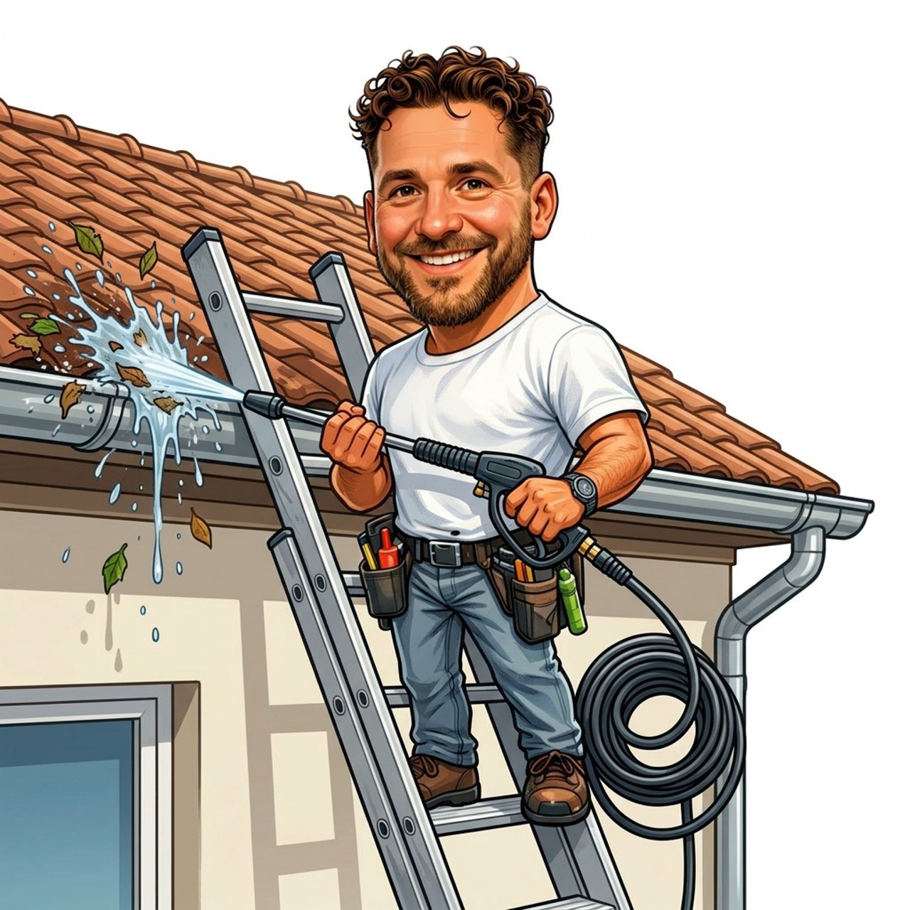Mann im Cartoon-Stil auf einer Leiter reinigt eine Dachrinne mit einem Hochdruckreiniger.