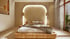 A modern bedroom with a wooden platform bed, arched headboard lighting, and two pendant lights.