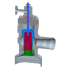 Schnittansicht eines grauen Rückschlagventils mit blauer, roter und grüner Innenstruktur.