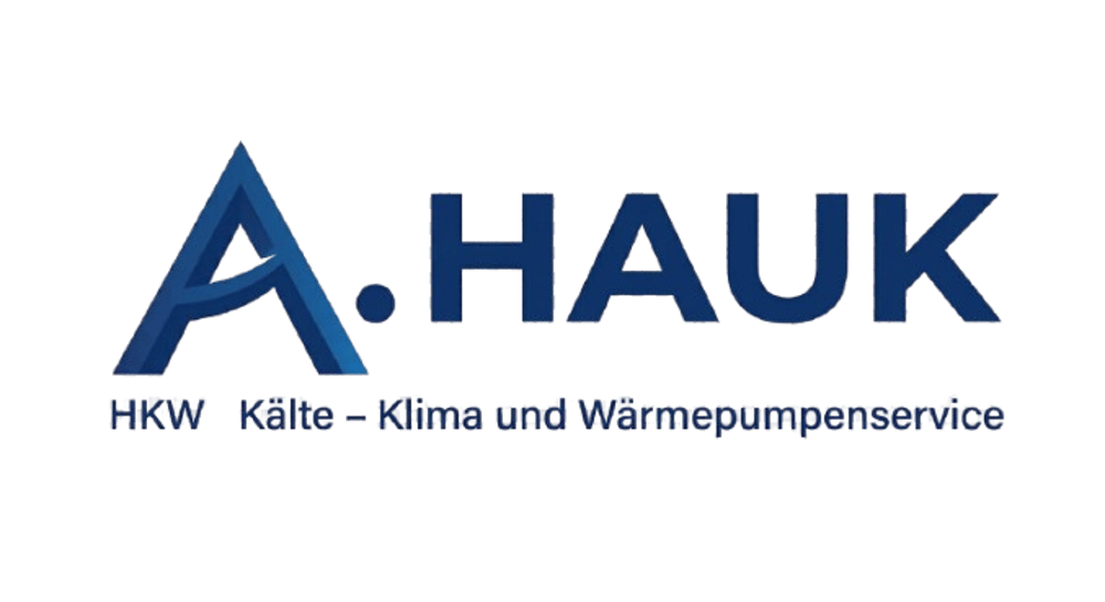 Logo A. HAUK: HKW Kälte – Klima und Wärmepumpenservice, dunkelblaue Schrift mit stilisiertem A als Berg.