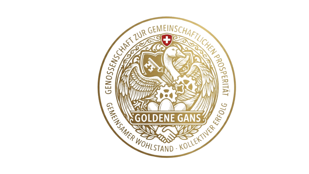 Goldenes rundes Logo mit Gans, Wappen, Eiern, Zahnrädern und Händedruck, umgeben von Text.