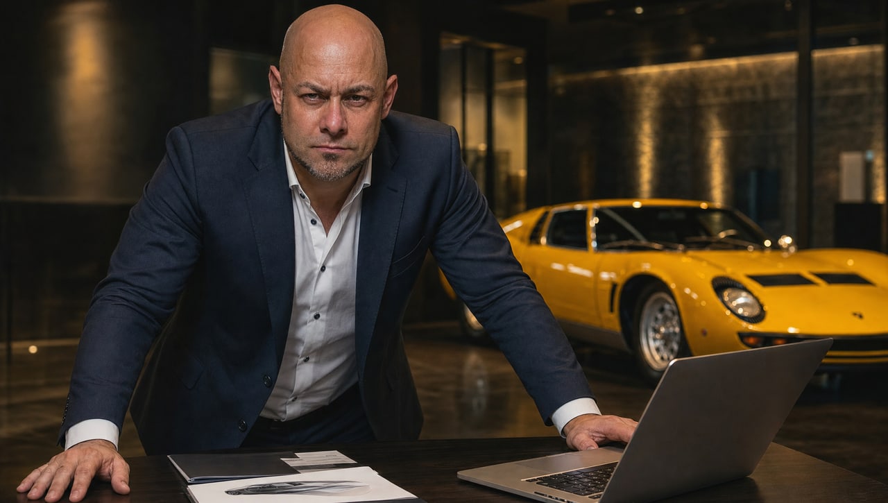 Inhaber eines Autohauses steht vor seinem Showroom zwischen zwei hochwertigen Fahrzeugen