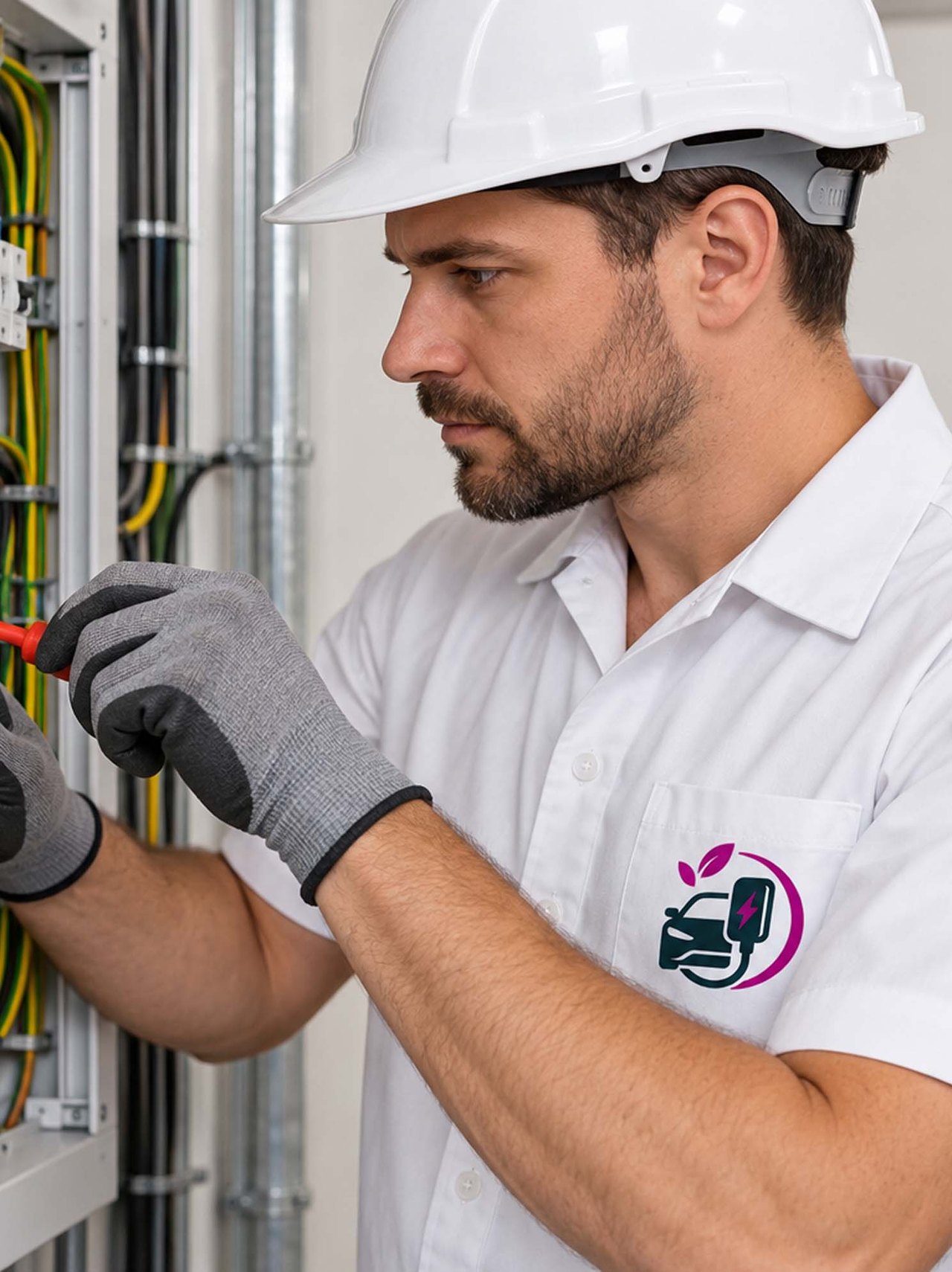 Licensed electrician checking breaker capacity inside a residential electrical panel