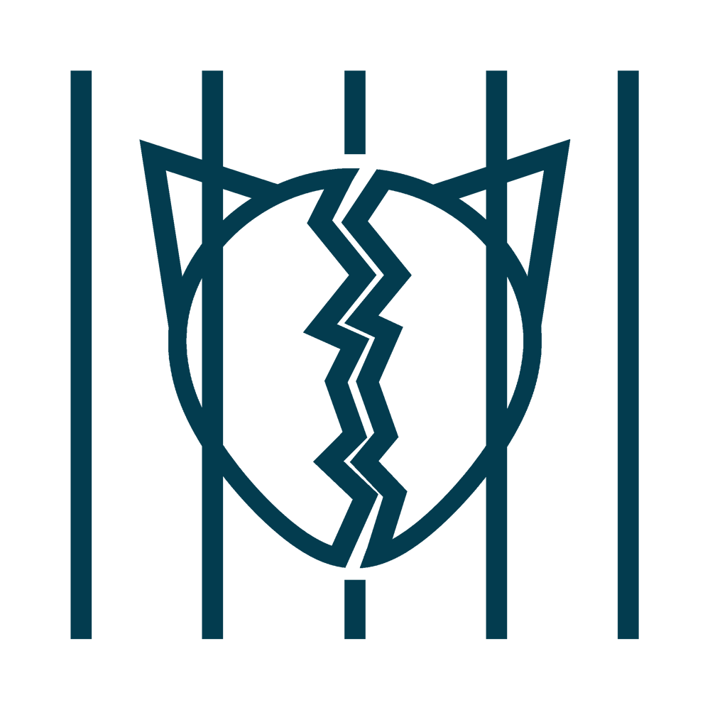 Ein gebrochenes Herz-Symbol, das von vertikalen Linien umrahmt wird, die Gitterstäbe darstellen.